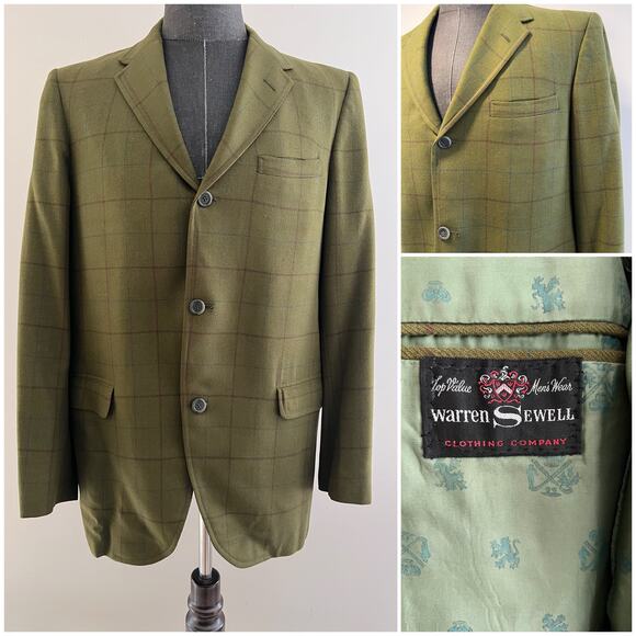 Warren Sewell 3 Button Suit Jacket Blazer Green Windowpane Golf Interior 40 SG - Picture 1 of 11